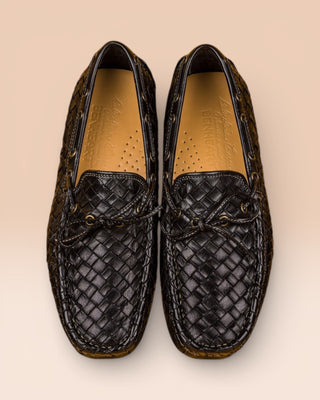 Benheart Innocenti E951 woven black leather driving moccasins, top view.