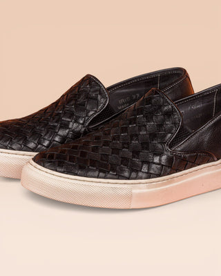 Close up view of Iris unisex woven slip-on shoes in cerro leather by Benheart.