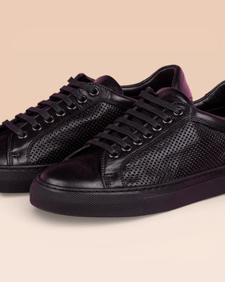 Close up view of Benheart Lario unisex perforated leather sneakers shoes in black color.