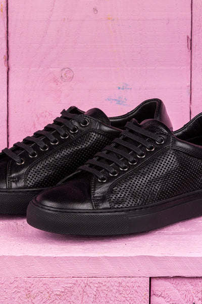 Close up view of Benheart Lario unisex perforated leather sneakers shoes in black color.