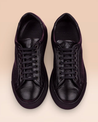 Top view of Benheart Lario unisex perforated leather sneakers shoes in black color, handcrafted in Italy