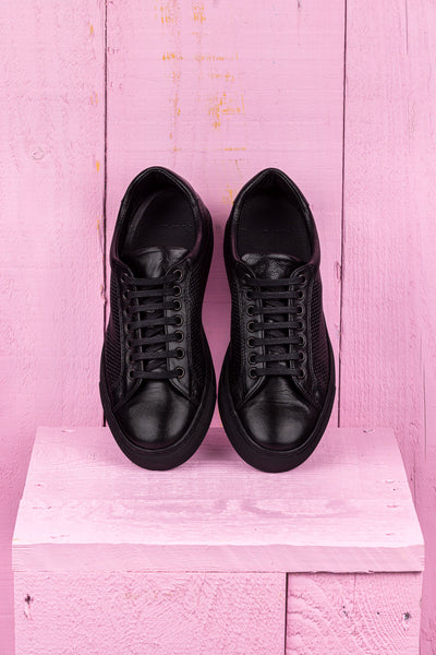 Top view of Benheart Lario unisex perforated leather sneakers shoes in black color, handcrafted in Italy