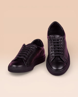 Front angled and top view of Benheart Lario unisex perforated leather sneakers shoes in black color.