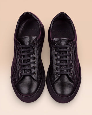 Top view of Benheart Lario unisex perforated leather sneakers shoes in black color.