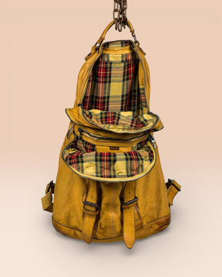 Benheart Lorenzo unisex leather backpack in mahogany, front view with open compartments showing interior.