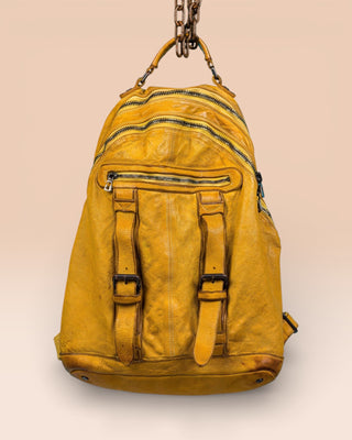 Front view of the Lorenzo unisex leather backpack in mahogany, showing front pockets and zipper details, handcrafted in Italy.