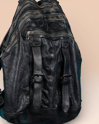 Benheart Lorenzo leather backpack in black, close-up detail showing craftsmanship and texture.