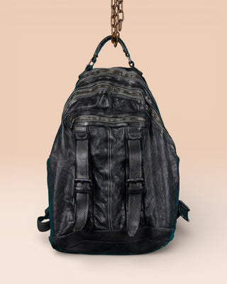 Front view of the Lorenzo unisex leather backpack in black, showing front pockets and zipper details.