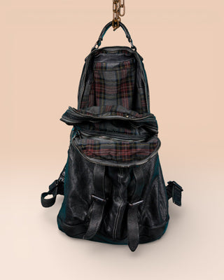 Benheart Lorenzo unisex leather backpack in black, front view with open compartments showing interior.
