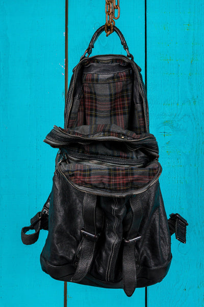 Benheart Lorenzo unisex leather backpack in black, front view with open compartments showing interior.
