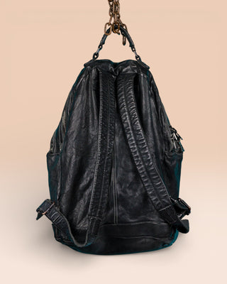 Benheart Lorenzo unisex leather backpack in black, rear view showing adjustable shoulder straps.