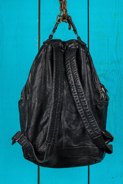 Benheart Lorenzo unisex leather backpack in black, rear view showing adjustable shoulder straps.