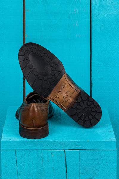 Benheart Morelli 7319 men’s leather derby brogue shoes in moor color, rear view with Vibram rubber sole detail.