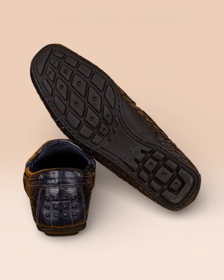 PACI A748 blue woven leather loafers, rear view, one shoe turned to show sole