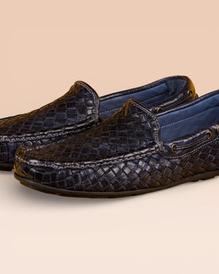 Benheart Paci A748 blue woven leather driving moccasins, close up view.