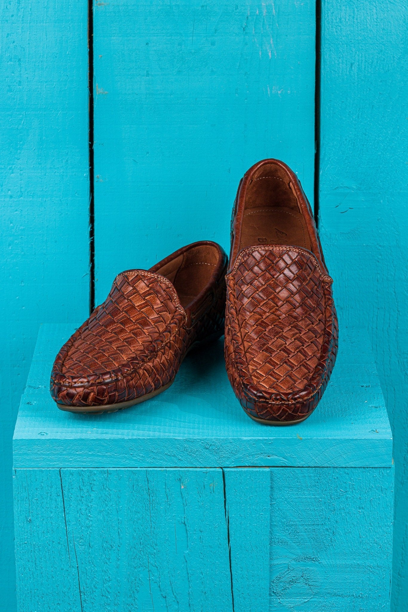 Benheart Paci A748 cocker woven leather driving moccasins, front angled and top view.