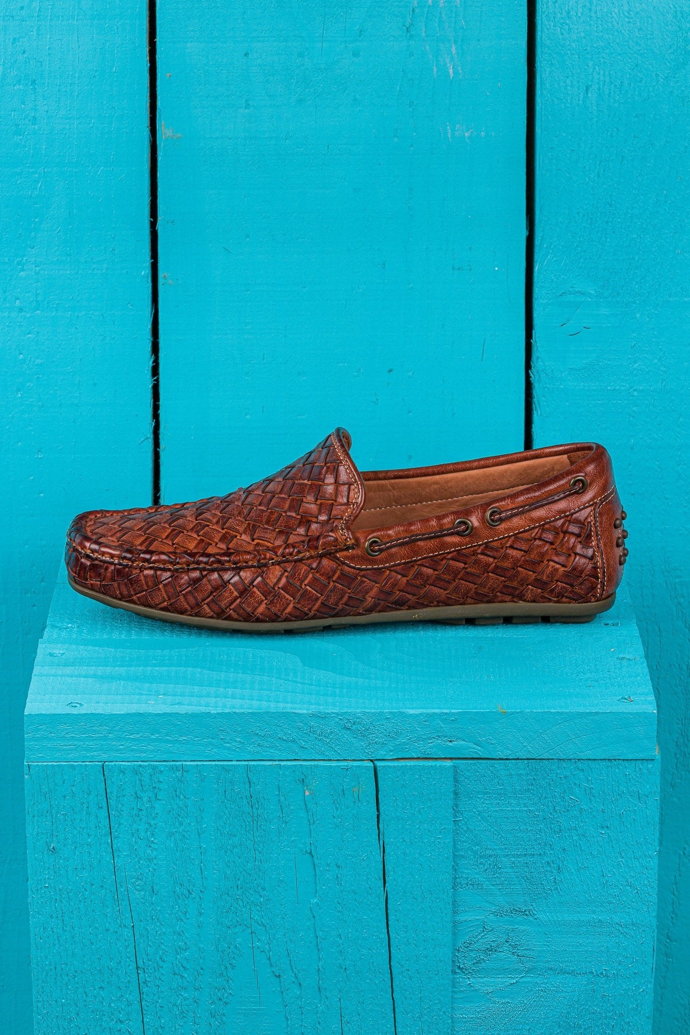 Benheart Paci A748 cocker woven leather driving moccasin, side view.