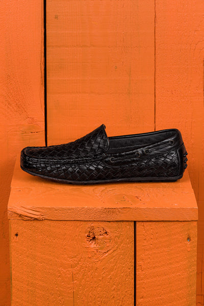 Benheart Paci A748 black woven leather driving moccasins, side  view.