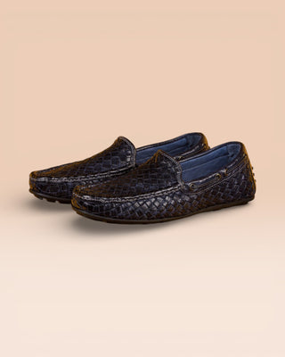 Benheart Paci A748 blue woven leather driving moccasins, front angled view.