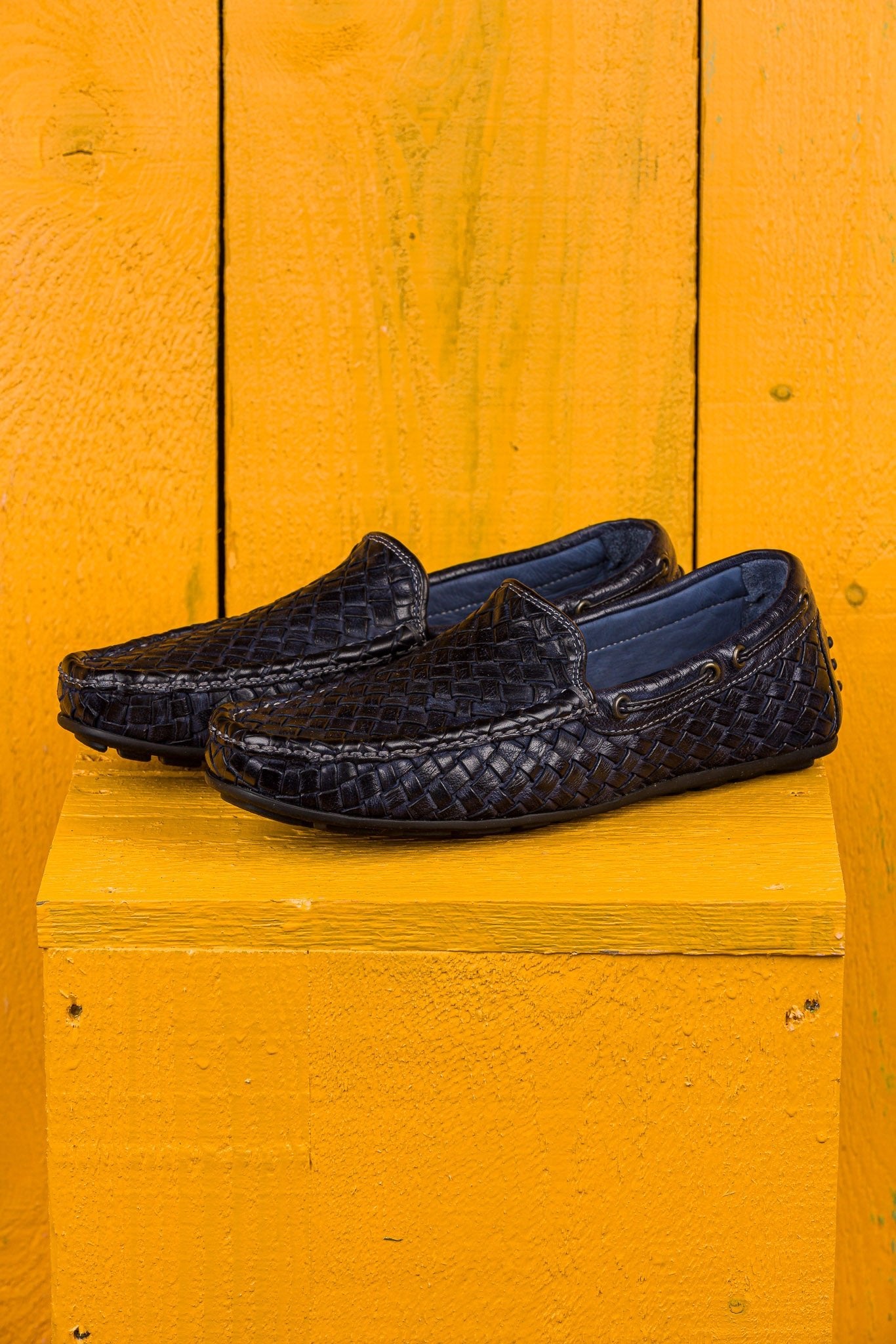 Benheart Paci A748 blue woven leather driving moccasins, front angled view.