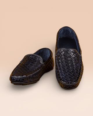 Benheart Paci A748 blue woven leather driving moccasins, front angled and top view.