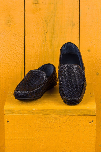 Benheart Paci A748 blue woven leather driving moccasins, front angled and top view.