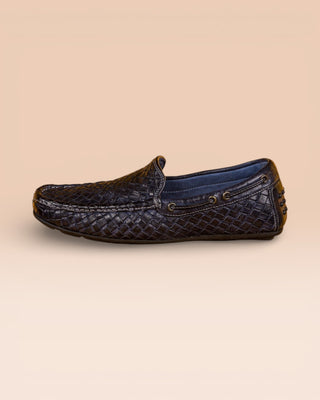 Benheart Paci A748 blue woven leather driving moccasins, side view.