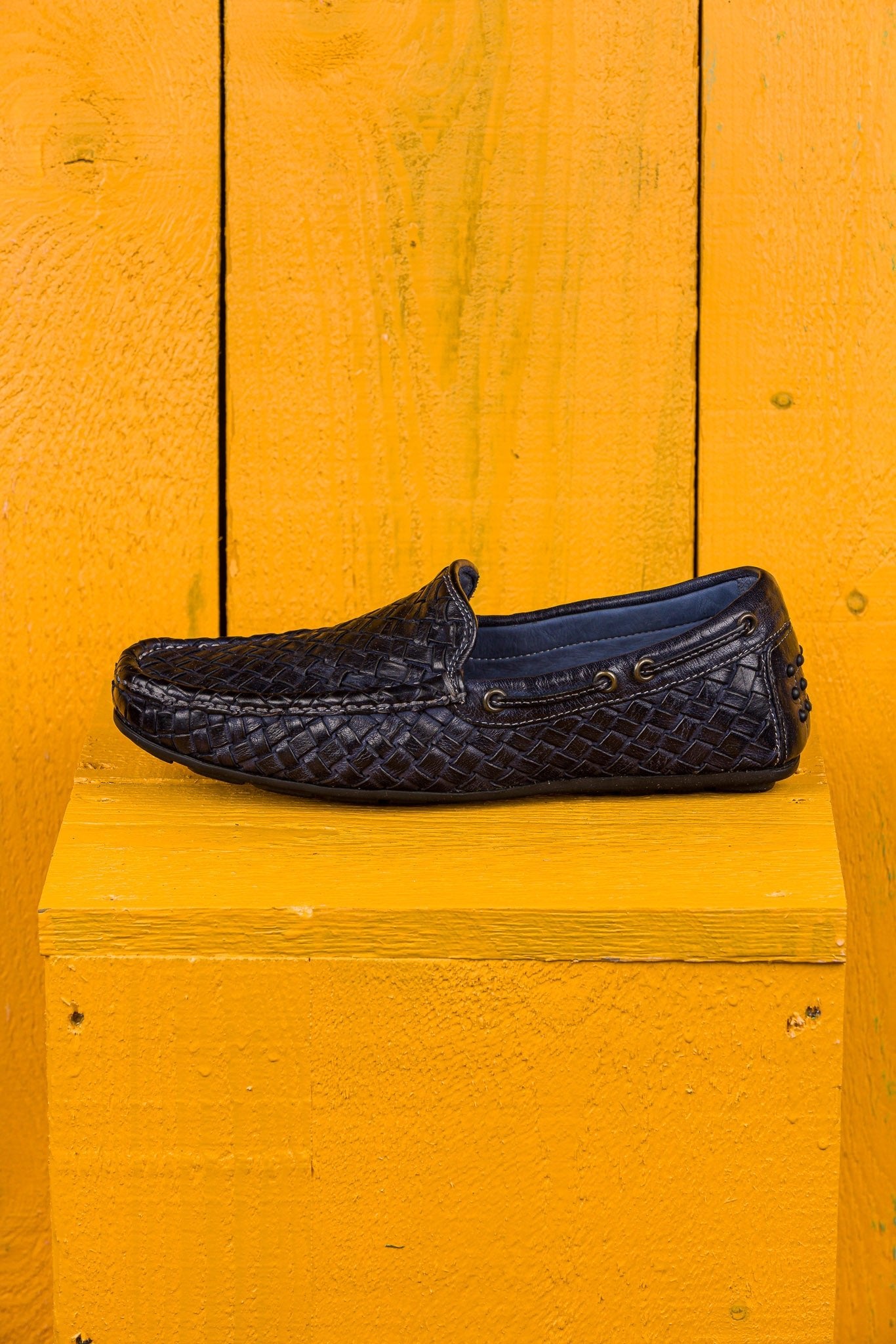 Benheart Paci A748 blue woven leather driving moccasins, side view.
