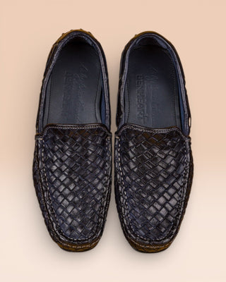 Benheart Paci A748 blue woven leather driving moccasins, top view.