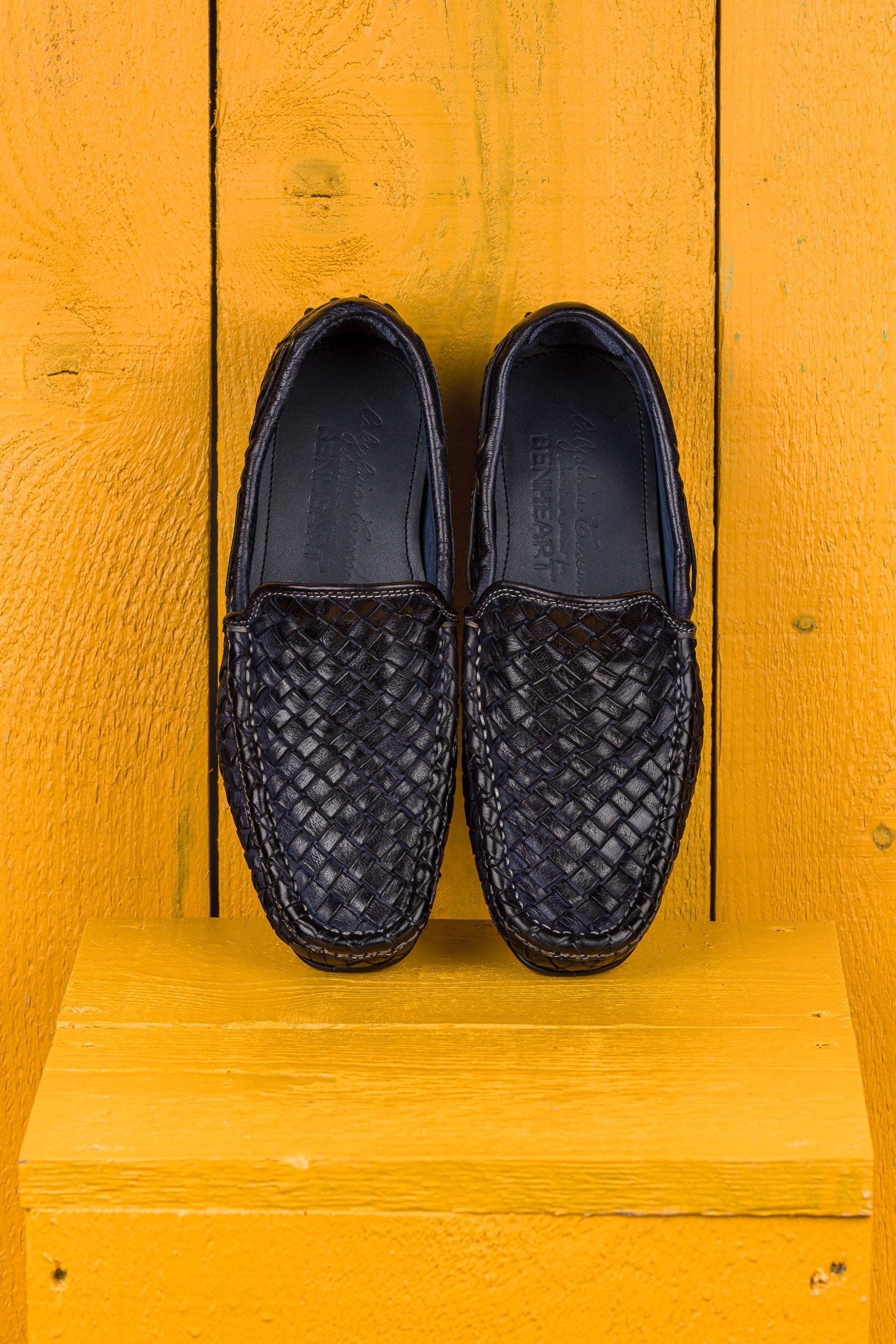 Benheart Paci A748 blue woven leather driving moccasins, top view.