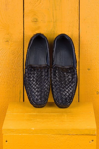 Benheart Paci A748 blue woven leather driving moccasins, top view.