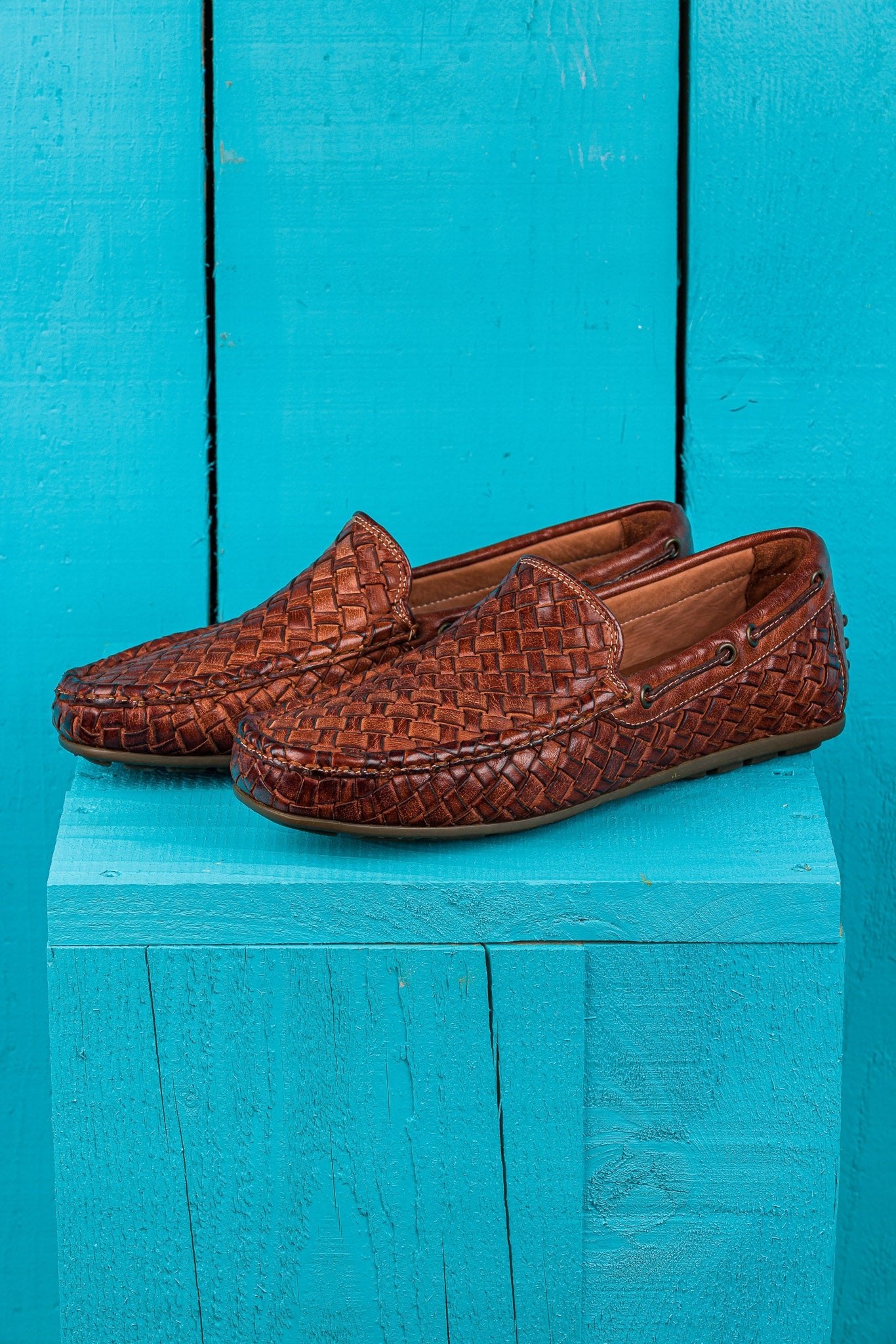 Benheart Paci A748 cocker woven leather driving moccasins, angled front view.