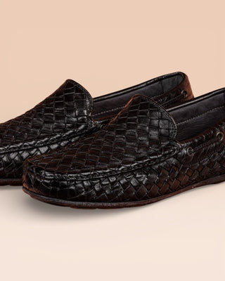 Benheart Paci A748  black woven leather driving moccasins, close up view.