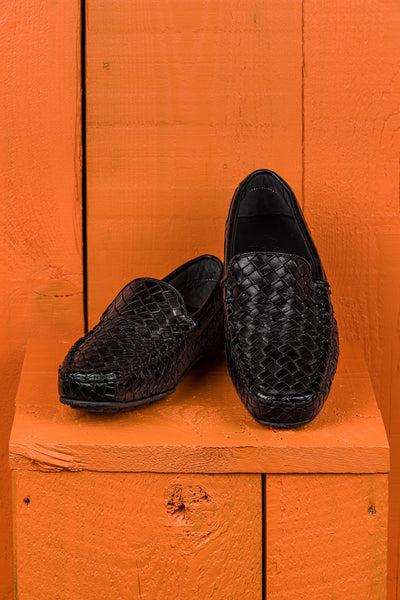 Benheart Paci A748 black woven leather driving moccasins, front angled and top view.