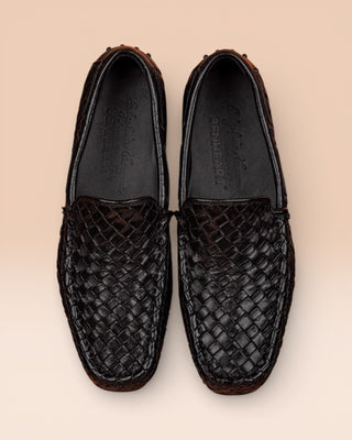 Benheart Paci A748 black woven leather driving moccasins, top view. showing interiors.