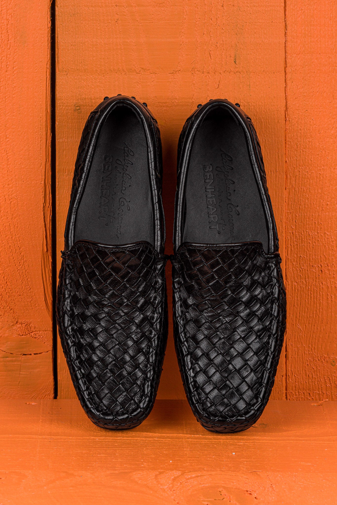 Benheart Paci A748 black woven leather driving moccasins, top view. showing interiors.