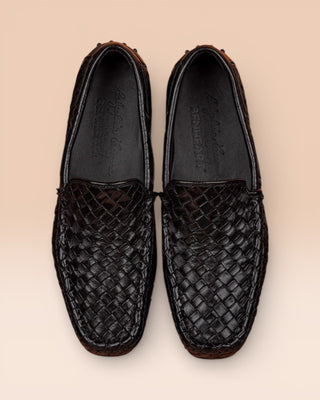 Benheart Paci A748 black woven leather driving moccasins, top view. showing interiors.