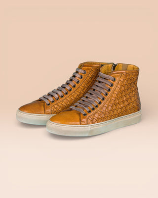 Front angled view of Raimondo 8393 unisex mahogany woven high-top sneakers with rubber soles.
