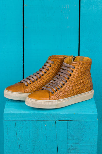 Front angled view of Raimondo 8393 unisex mahogany woven high-top sneakers with rubber soles.