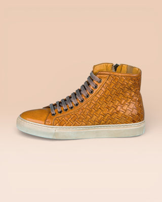 Side view of Raimondo 8393 unisex mahogany woven leather high-top sneakers.