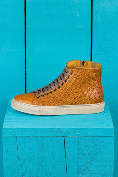Side view of Raimondo 8393 unisex mahogany woven leather high-top sneakers.
