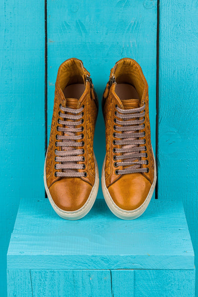 Top view of Raimondo 8393 unisex woven high-top sneakers in mahogany. 
