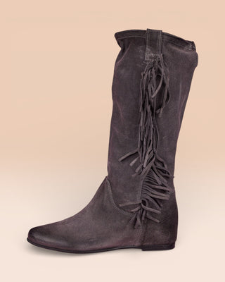 Benheart Vanni ST1722 women’s suede fringe boot in pietra fumo smoke grey, side view