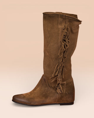 Benheart Vanni ST1722 women’s suede fringe boot in Taupe, side view