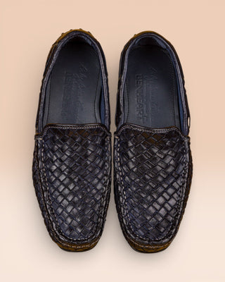 Benheart Paci A748 blue woven leather driving moccasins, top view. showing interiors.