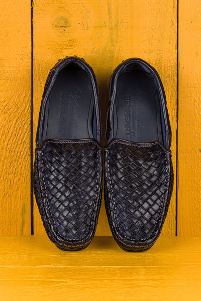 Benheart Paci A748 blue woven leather driving moccasins, top view. showing interiors.