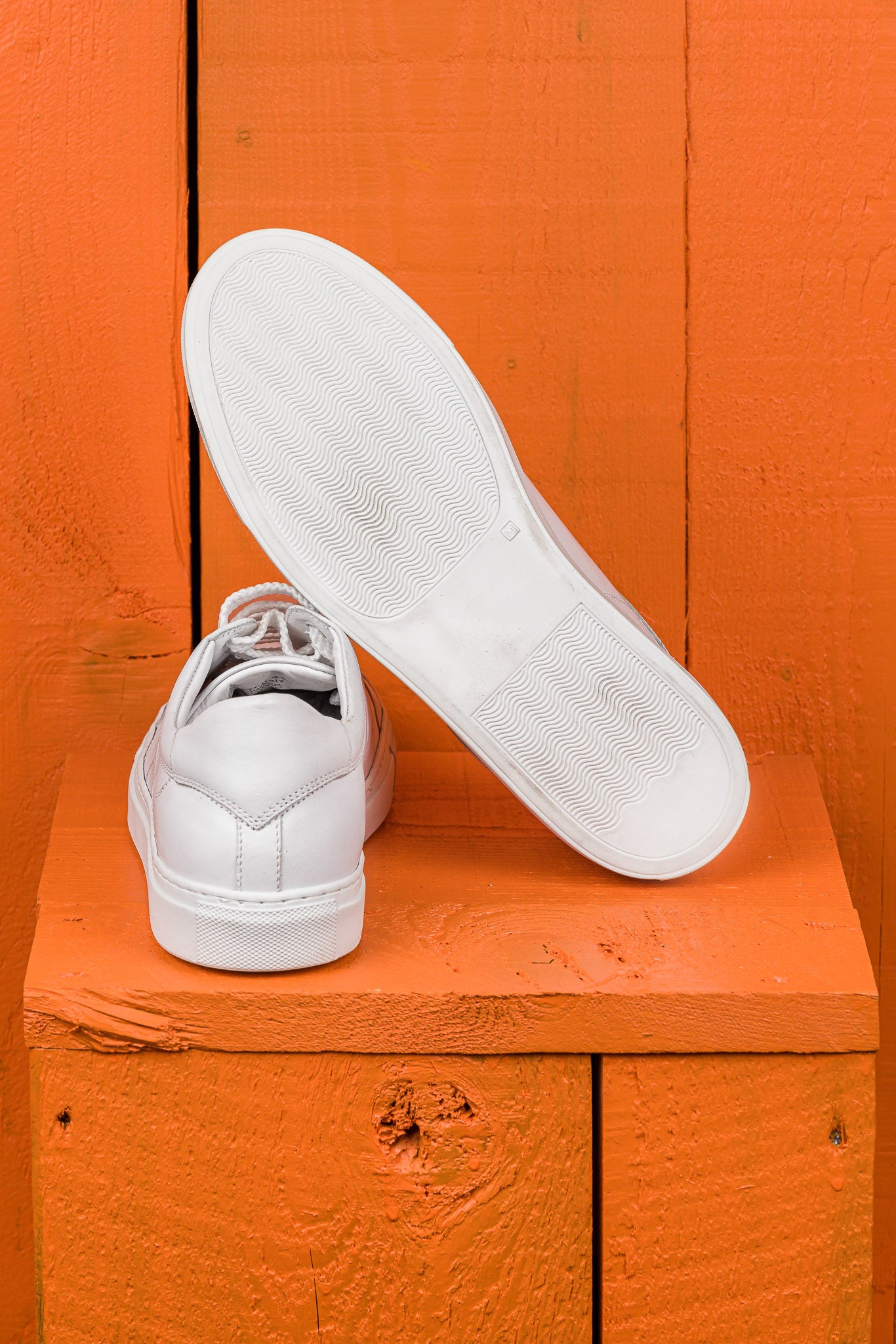 Rear view of Venus unisex white leather sneakers by Benheart.