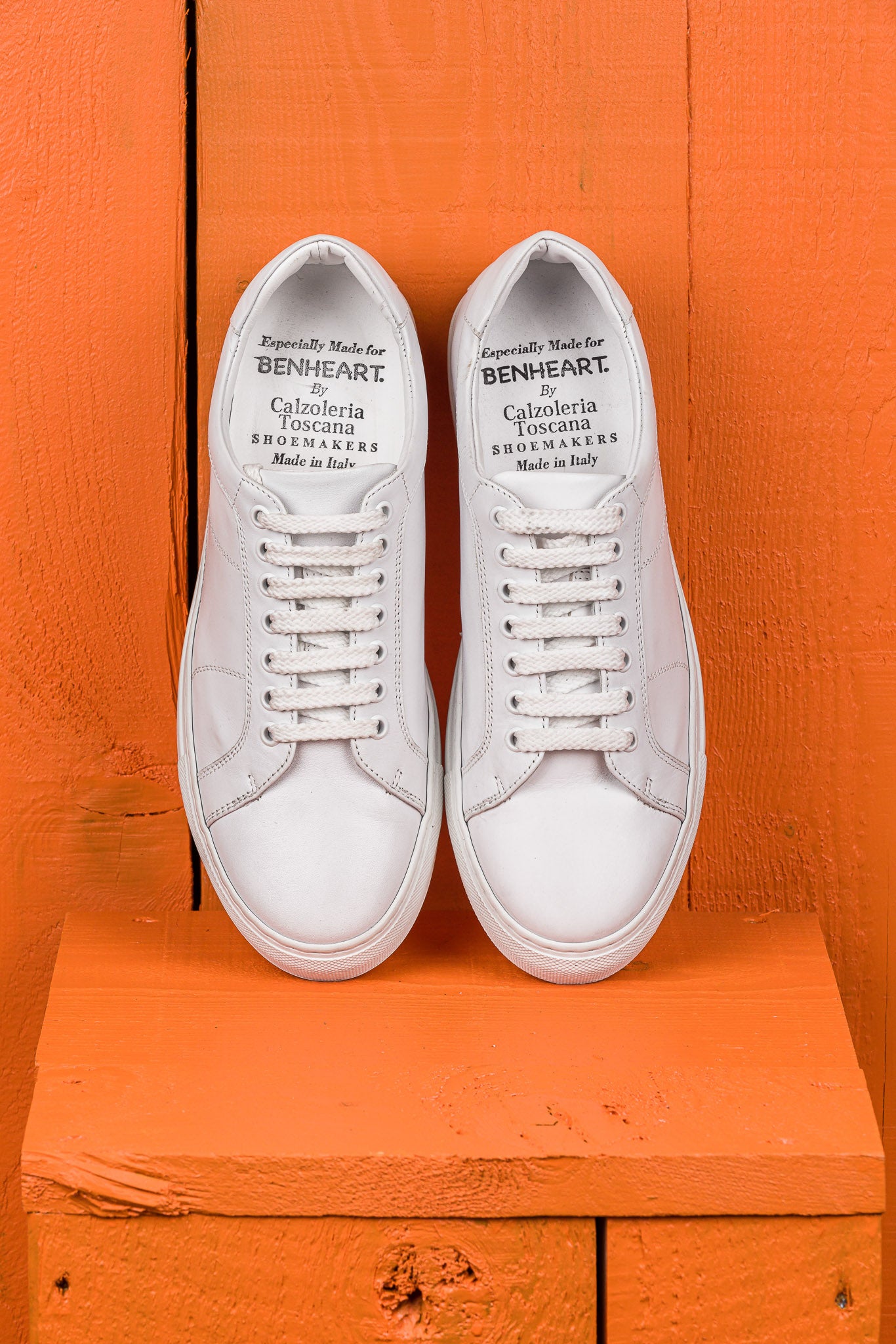 Top view of Venus unisex white leather sneakers, handcrafted in Florence.