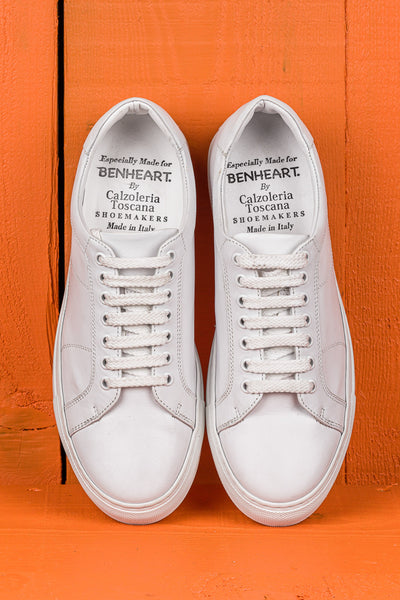 Top view of Venus unisex white leather sneakers by Benheart.